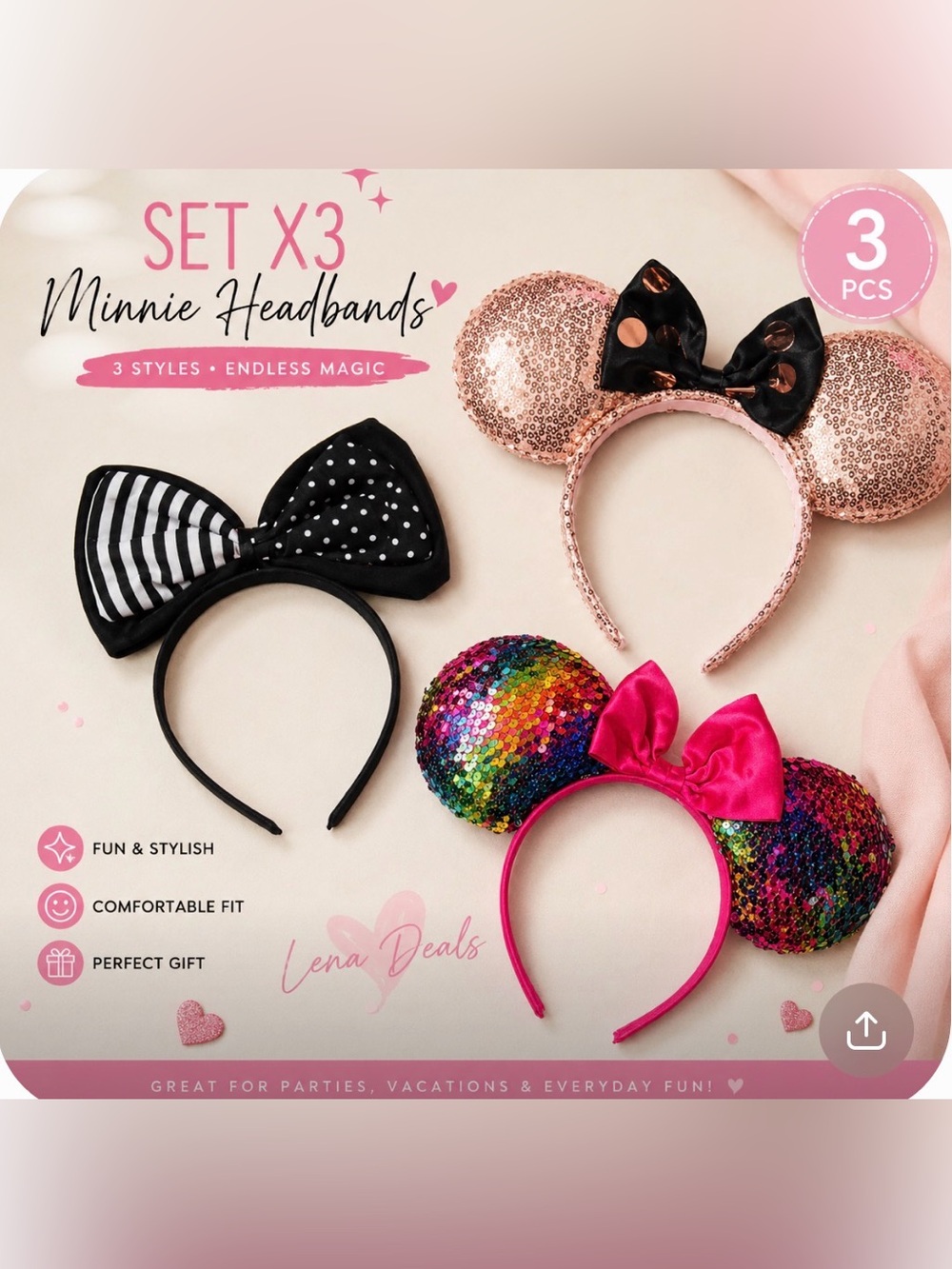 Disney SET X3 Sequin Ears Headband Pink Black and Gold